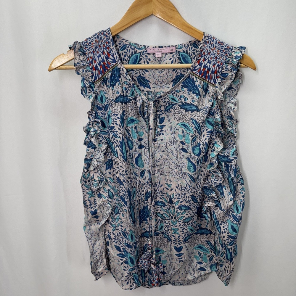 Calypso St Barth Womens Silk Boho Blouse XS Blue‎ Ruffle Floral Tie Neck Resort